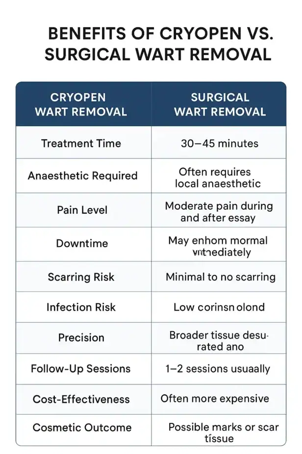 Table showing the benefits of cryopen to remove warts Dartford compared to surgical treatment